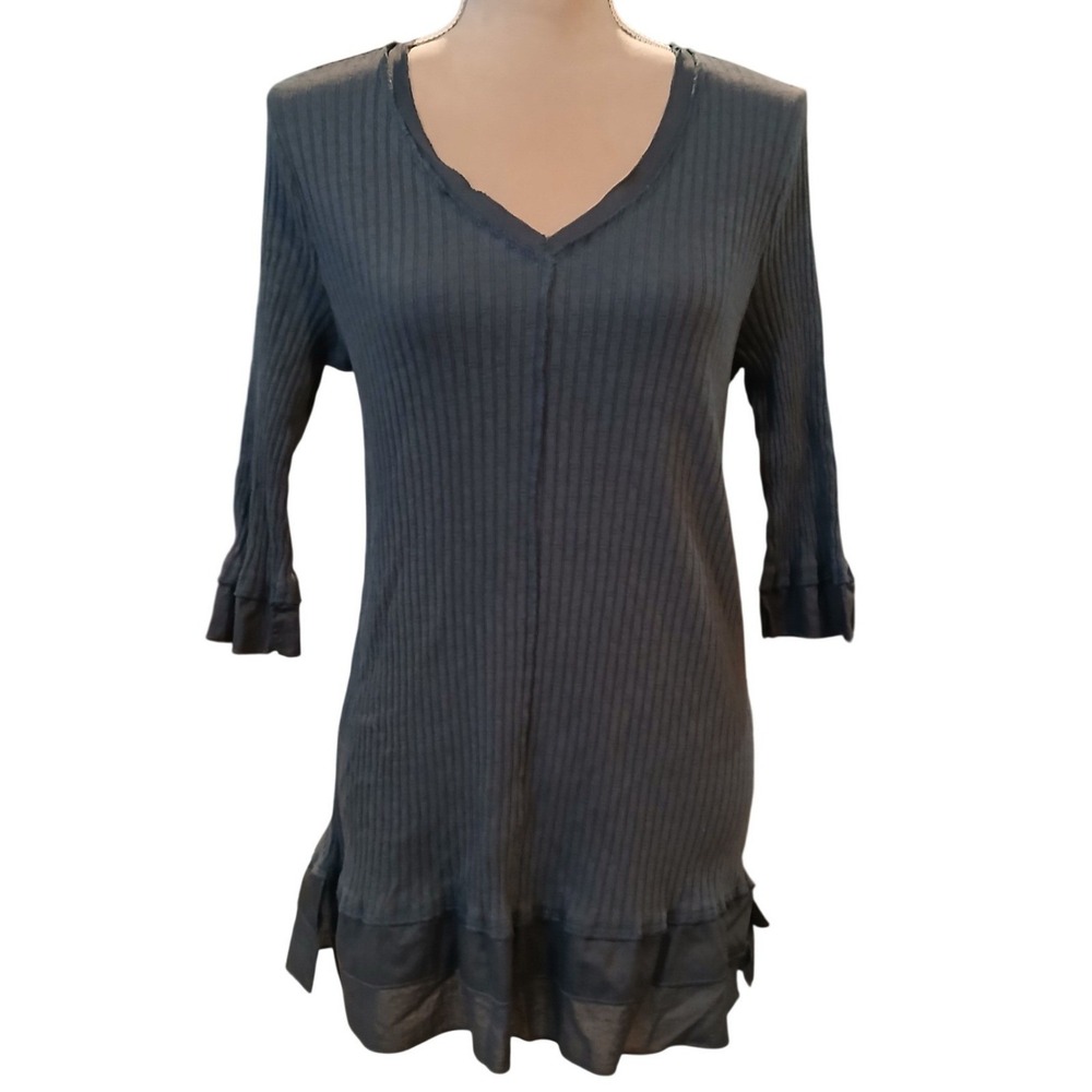 Soft Surroundings Washed Blue Ribbed Cotton Tunic V-Neck Ruffle Hem Top Large M
